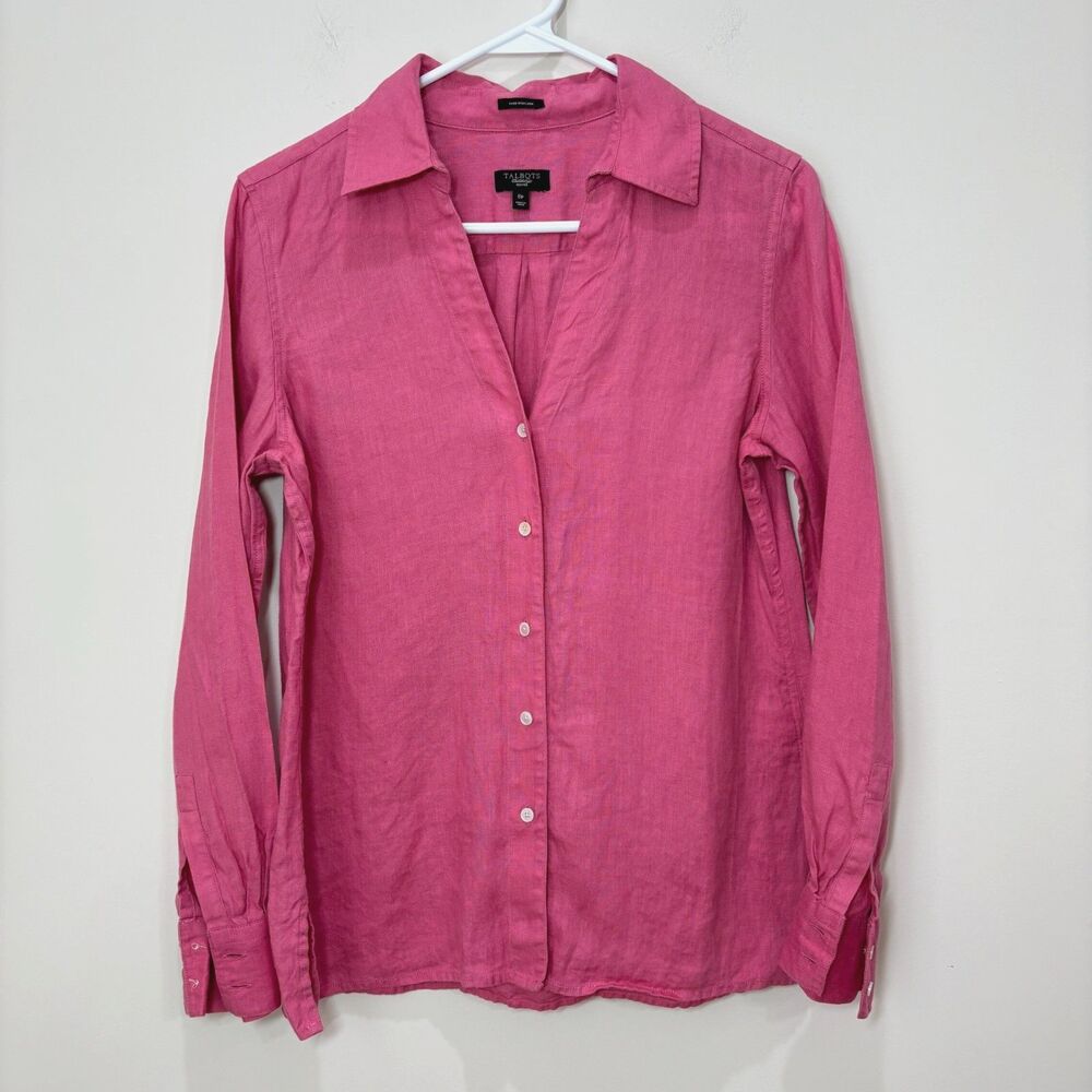 Talbots 100% Irish Linen Button Up Shirt 8P Pink Lightweight Beachy Lagenlook
